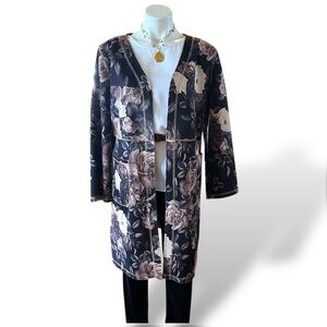 Solitaire Antropologie Open Front Faux Suede Black & Floral Jacket Large Perfect